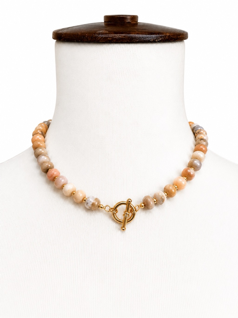 Hand Crafted Semi Precious Stone Gold Toggle Peach and Cream Beaded Necklace